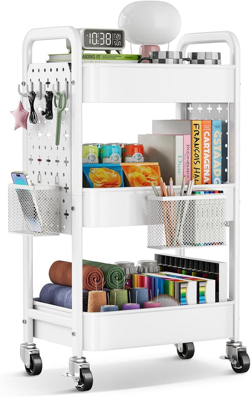 Rcemlip 3 Tier Rolling Cart Metal with DIY Pegboard, White Utility Cart with