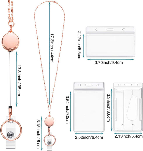 Zonon Retractable Badge Reel Lanyard with ID Holder for Women - Stainless Steel Necklace with 3 Name Badge Clips