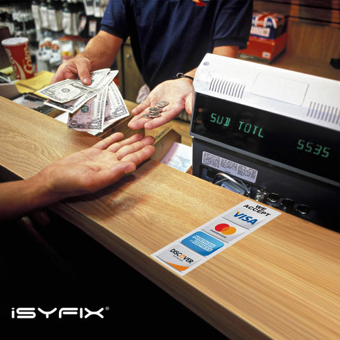 iSYFIX Credit Card Sticker Signs - 4 Pack, 3 x 8 Inch, We Accept Visa, MasterCard, Amex & Discover