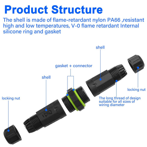 Waterproof Electrical Cable Connector, 3 Pin IP68 Outdoor Coupler for 3.5-10mm Wire Diameter, 2 Pcs