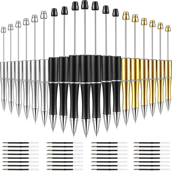 Whaline 24Pcs Beadable Pen, Black Gold Silver Ballpoint Gel Ink Pen, Retractable Writing Pens with Extra Refills for