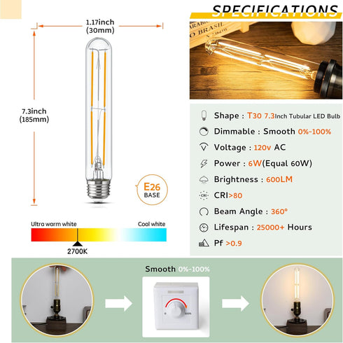 Bulbs 7.3 Inch E26 T10 Bulb Bulb 185mm Bulb,6W 60 Bulb Livingroom,2700K 600LM,Pack 4 Tube Light LED Tubular Light Long