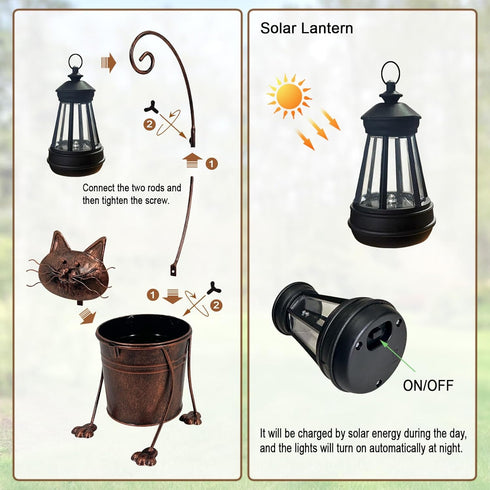 Solar Lights Outdoor with Planter Pot,Metal Cat Solar Lamp Post with Planter Base Outdoor Decorative