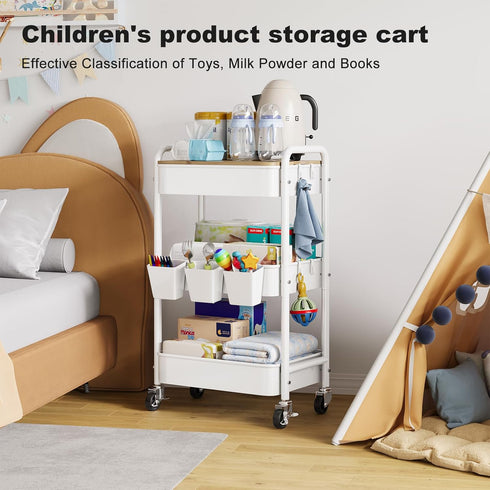 Rcemlip 3 Tier Rolling Cart with Wood Table Top, White Bedside Cart on Lockable Wheels, Metal Utility Storage Organizer
