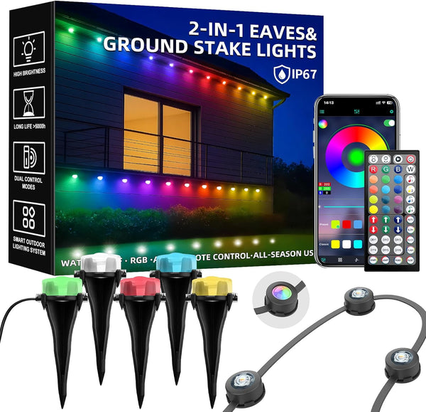 50FT Permanent Outdoor Lights, Waterproof 2-in-1 Eaves & Ground Stakes LED String