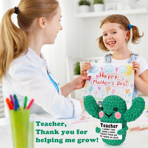 Lodeskee Funny Teacher, Teachers Appreciation Gift for Xmas, Thank You for Helping Me Grow, Handmade Crochet Cactus