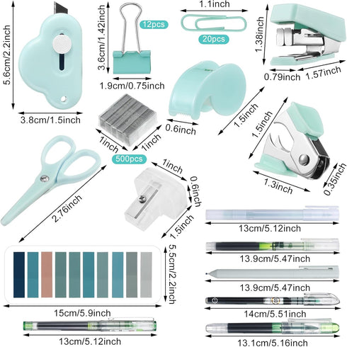 Mini Office Supply Kit Includes Stapler Tape Dispenser Staple Remover Paper Clips Scissor Staples Pen Sharpener Note Small Telescopic Knife for Office and School Clerk Student (Green)