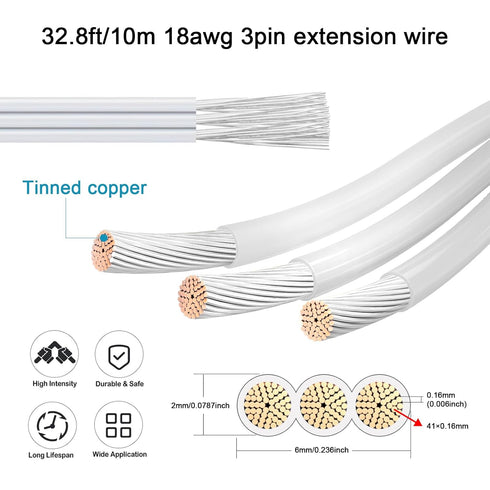 RGBZONE 32.8FT/10M 18AWG 3-Pin Wire Tinned Copper Stranded Insulated Low Voltage Cable for LED Lights Automotive Electronic
