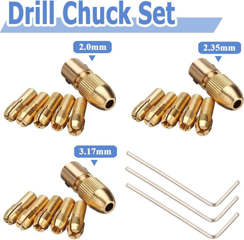 Mesee 3 Sets 0.5-3mm Brass Drill Chuck, Small Electric Drill Bit Collet Micro Twist Drill Chuck Set with Allen Wrench Fits Rotary Tools, 3 Size - 2.0mm 2.35mm 3.17mm