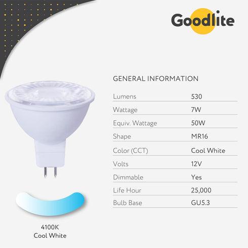 Goodlite G-19896 MR16 LED 7 Watt, 50-Watt Replacement, 40 Flood, CRI90+, 550 Lumen, Dimmable, Cool White 4100K