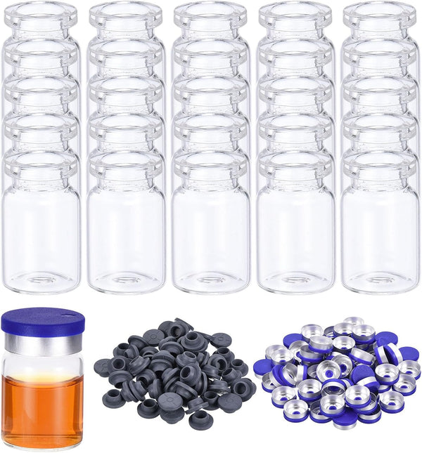 PATIKIL 100pcs 6ml Glass Vials, Small Empty Sample Bottles with Caps, Rubber Stopper, Injection Port for Lab