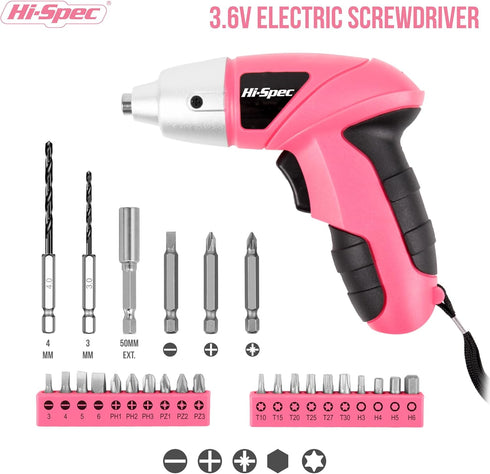 Hi-Spec Electric Screwdriver 27pc 3.6V Pink USB Small Power Screwdriver Set. Cordless Screwdriver & Rechargeable Screwdriver with Driver Bit Set by Hi-Spec