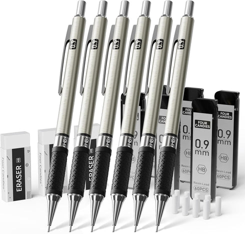 Four Candies Metal Mechanical Pencil Set - 6PCS 0.9mm Pencils, 360PCS HB Lead Refills, 3 Erasers, 9 Eraser Refills