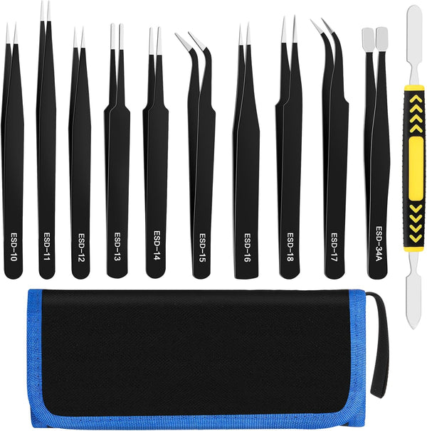 11 PCS Precision Tweezers Set, ESD Anti-Static Stainless Steel Tweezers for Lab and DIY