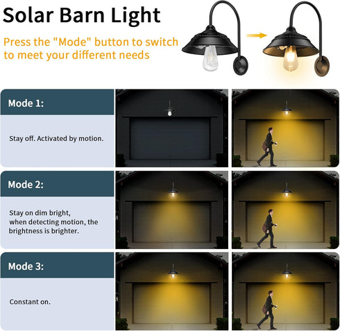 3 Solar Barn Light, Solar Wall Sconce Light Outdoor with Lighting Modes & Motion Sensor, Waterproof Farmhouse Light