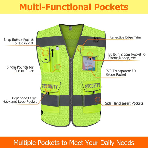 TCCFCCT Mesh Security Vest for Men Women, 9 Pockets High Visibility Reflective Safety Vest