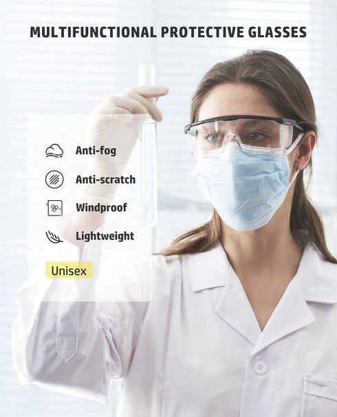 PACIFIC PPE 2 Pack Safety Glasses - Anti-fog, Scratch Resistant Clear Wraparound Lab Goggles with Adjustable Grips