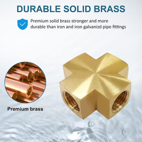 Midanya 1/4 x 1/4 x 1/4 x 1/4 Inch NPT Female Thread Adapter, Cross Pipe Fitting Barstock Cross 4 Way Connector Brass