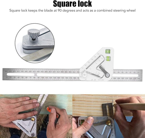 Combination Square with Bubble Level, Silver Flexible Woodworking Triangle Ruler Carpentry Tools