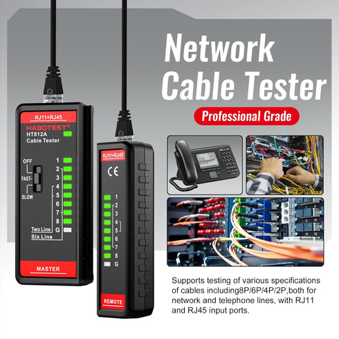 HT812A Ethernet Cable Tester with RJ45 RJ11 Port, Fast/Slow Gear, 60V Continuity Test for CAT5/CAT6
