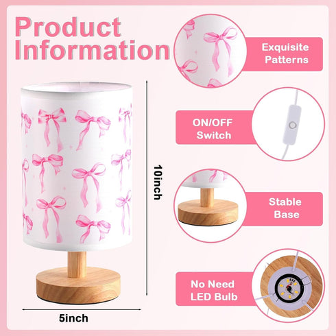 Lonfliness Pink Bow Kids Table Lamp Kids Bedside Lamp Bedroom LED Night Light with Linen Wooden Nightstand Cartoon