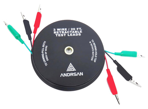 3 Wire 20' Retractable Test Leads, 18 Gauge Alligator Clips in Reel