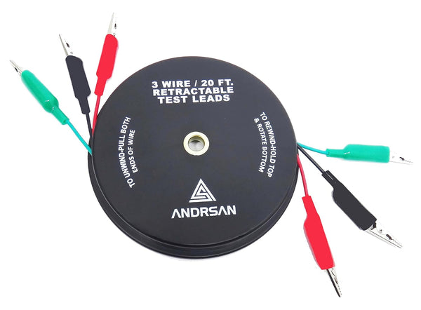 3 Wire 20' Retractable Test Leads, 18 Gauge Alligator Clips in Reel