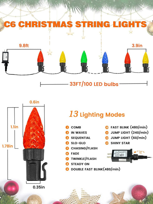2 Pack C6 200 66 13 Christmas Lights Outdoor Indoor, Total LED FT Connectable Christmas String Lights with Timer