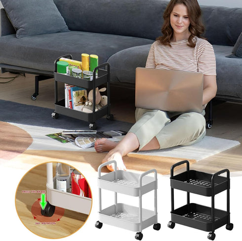 Generic 2 Layers Plastic Rolling Cart, Multi-Functional Storage Rack with Handle, Movable Storage Organizer