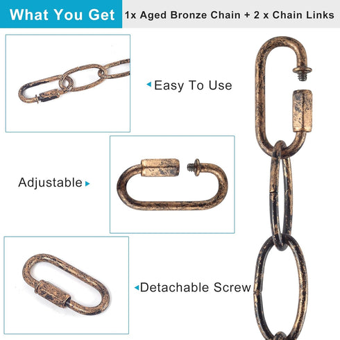 Tovmey 6.5 (3mm), 2 Feet Aged Bronze Finish Chandelier Chain Vintage Pendant Light Fixture Metal Chain with a Fake