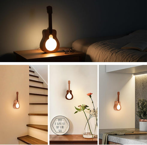 WangMoxi Wooden Guitar Motion Sensor Light Indoor,Peel and Stick Wall Sconces Battery Operated,Magnetic Lights