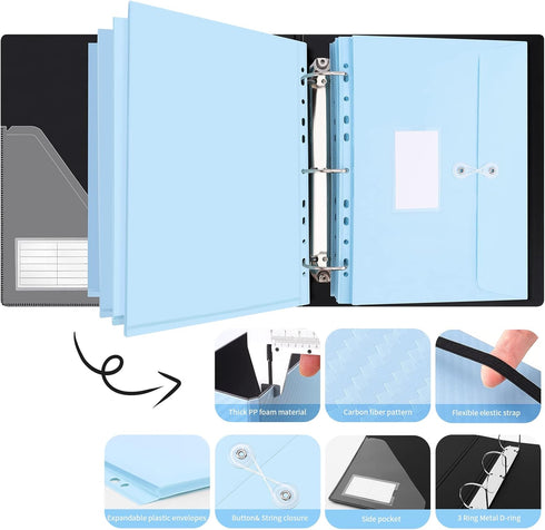 Uquelic Important Document Organizer, Large 3 Ring Binder Folio with 8 Expandable Envelopes for Paper Files (Blue)