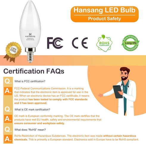 hansang E12 LED Candelabra Bulbs 3000K Soft White 6W 60Watt Equivalent, B11 Ceiling Fan Light Bulbs Small Base, C37 Type B Light Bulb for Chandelier, 600 Lumen, Non-dimmable, 6 Pack by hansang