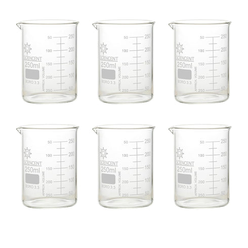 SCIENCENT Glass Beaker 250ml, Set of 6