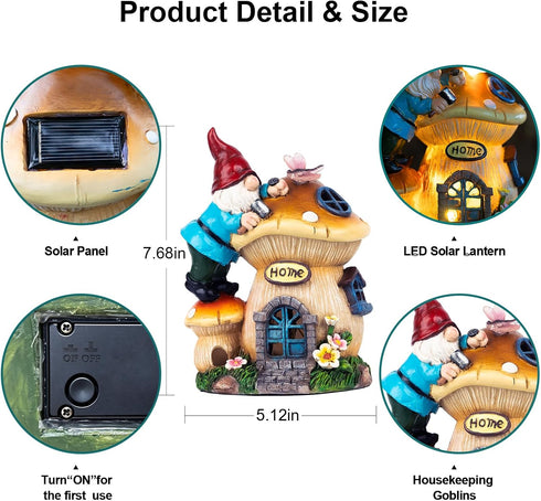 Garden Gnome Statues Figurine Lights - Solar Powered Lighting Outdoor Decorations, Gnome Build Mushroom Fairy House