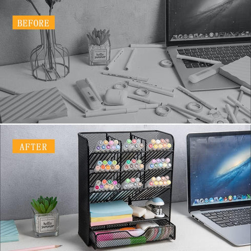Spacrea Metal Desk Organizer with Drawer, Pencil Holder for School, Home, Art Supplies (Black)