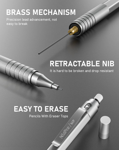 Nicpro 4 Pack Metal Mechanical Pencil Set 0.5 mm & 0.7mm with Case, Artist Pencil MP1000 with Lead Refill and Erasers