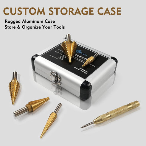 6 Pcs Step Drill Bit Set, High Speed Steel Unibit Drill Bits, Automatic Center Punch for Sheet Metal, 50 Sizes