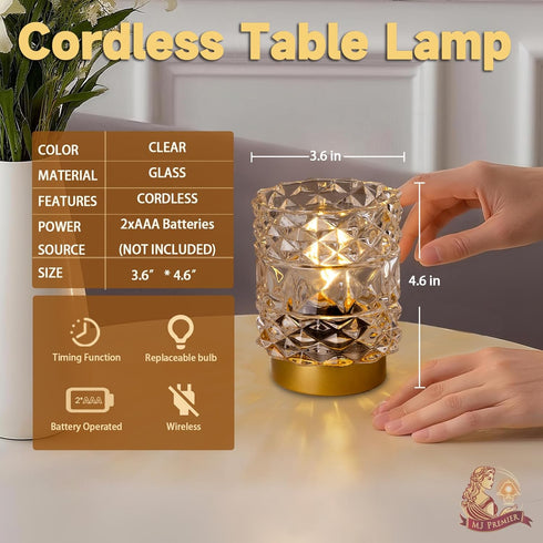 MJ PREMIER Battery Operated Lamp with Timer, Cordless Table Lamps for Shelf Decor, Rhombus Texture Aesthetic Crystal