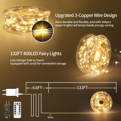 132FT 400 LED Waterproof Fairy Lights, Silver Wire Outdoor String Lights with Remote Timer for Wedding Party