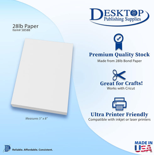Bright White Blank 5x8 Paper - Premium Feel 70lb Text - 250 Pack by Desktop Publishing Supplies