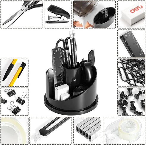 deli 15 Pcs Office Supplies Kit with Desk Organizer, Desk Accessories Set with Staple, Sharpener, Scissors, Binder Clips by deli