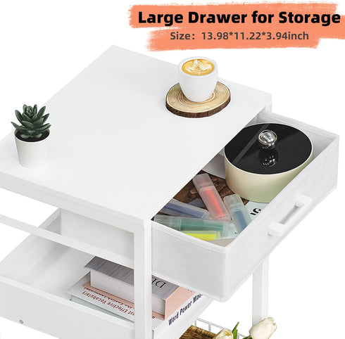 Lerliuo White Printer Stand with Fabric Drawer, 3 Tier Industrial Side Table, Modern Small Desk Holder