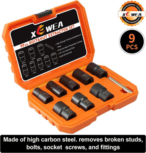 XEWEA 9PCS Lug Nut Extractor Set, 1/2" Drive Impact Bolt Nut Remover for Damaged Bolts