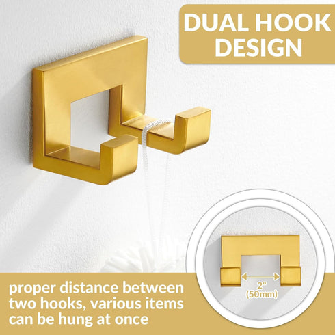 APLusee Brushed Gold Bath Robe Hook, 304 Stainless Steel Double L Shape Coat Hanger, Bathroom Home Accessories