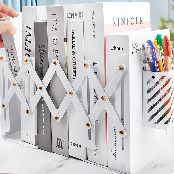 Heavy Duty Book Ends with Pen Holder - Adjustable Metal Book Ends for Shelves, Black Binder Organizer for Desk