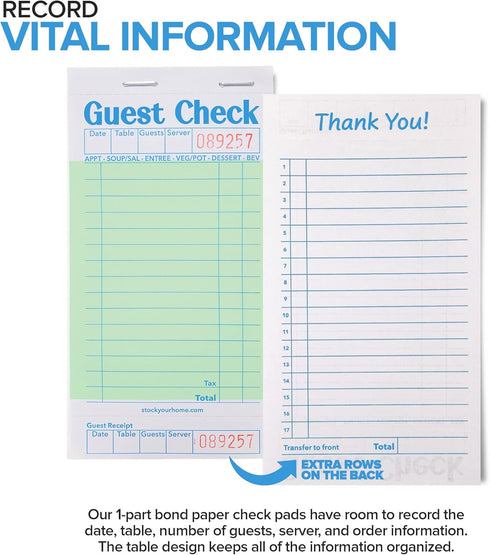 (10 Pack) 500 Stock Your Home Green Guest Check Books for Servers Server Note Pads, Waiter Checkbook, Food Receipt