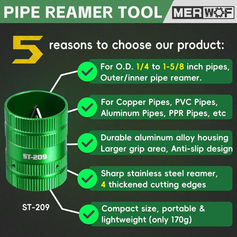 Metal Pipe Reamer for Copper PVC Pipe, Deburring Tool, PlumbingTools, 1/4 to 1-5/8 Inner/Outer Tubing Cleaner, Tube Chamfering Tool (Green)