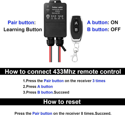 Feloako 110V/120V 100-240V 30A Door-328ft Waterproof Remote Control Switch, AC Relay Wireless Remote Switch Kit