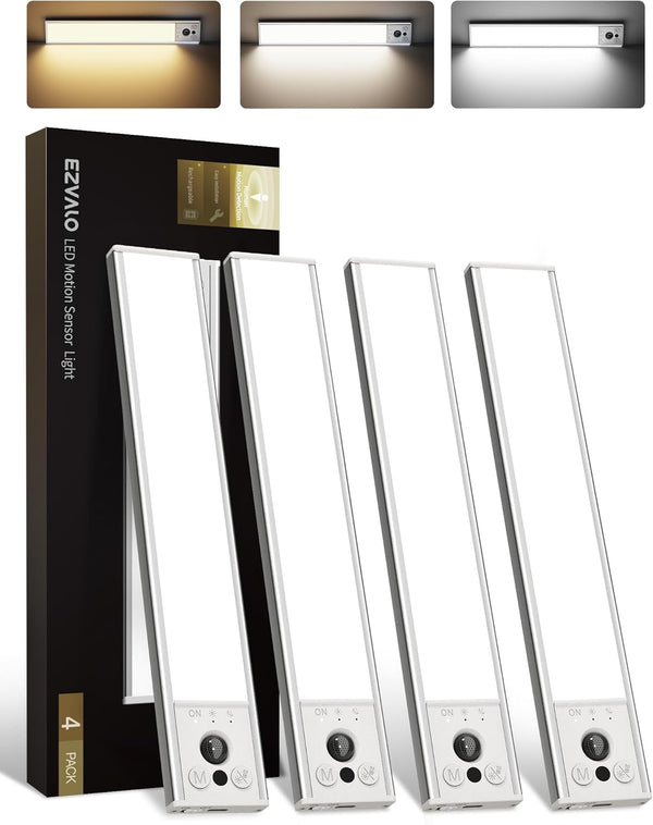 EZVALO 4-Pack Under Cabinet Lights, 2400mAh Rechargeable Motion Sensor Light Indoor, Wireless